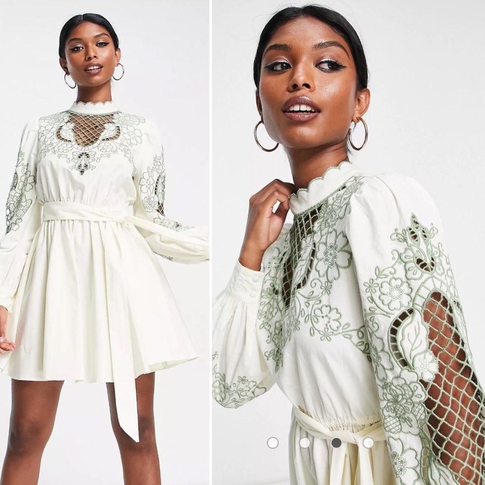 ASOS DESIGN high neck cutwork belted mini dress in stone with green detail